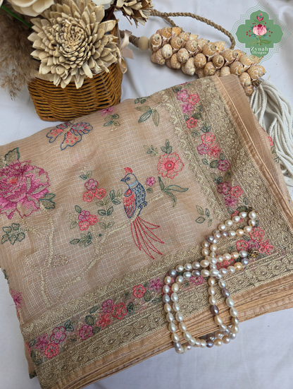 Summer Barefoot Nude Peach Kota Tussar Silk Saree With Embroidery