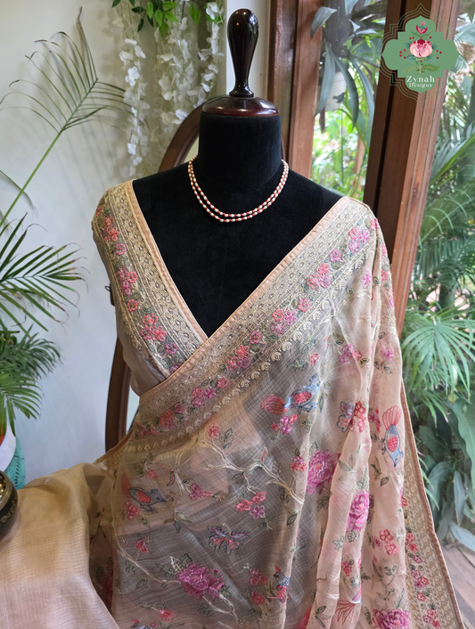 Summer Barefoot Nude Peach Kota Tussar Silk Saree With Embroidery