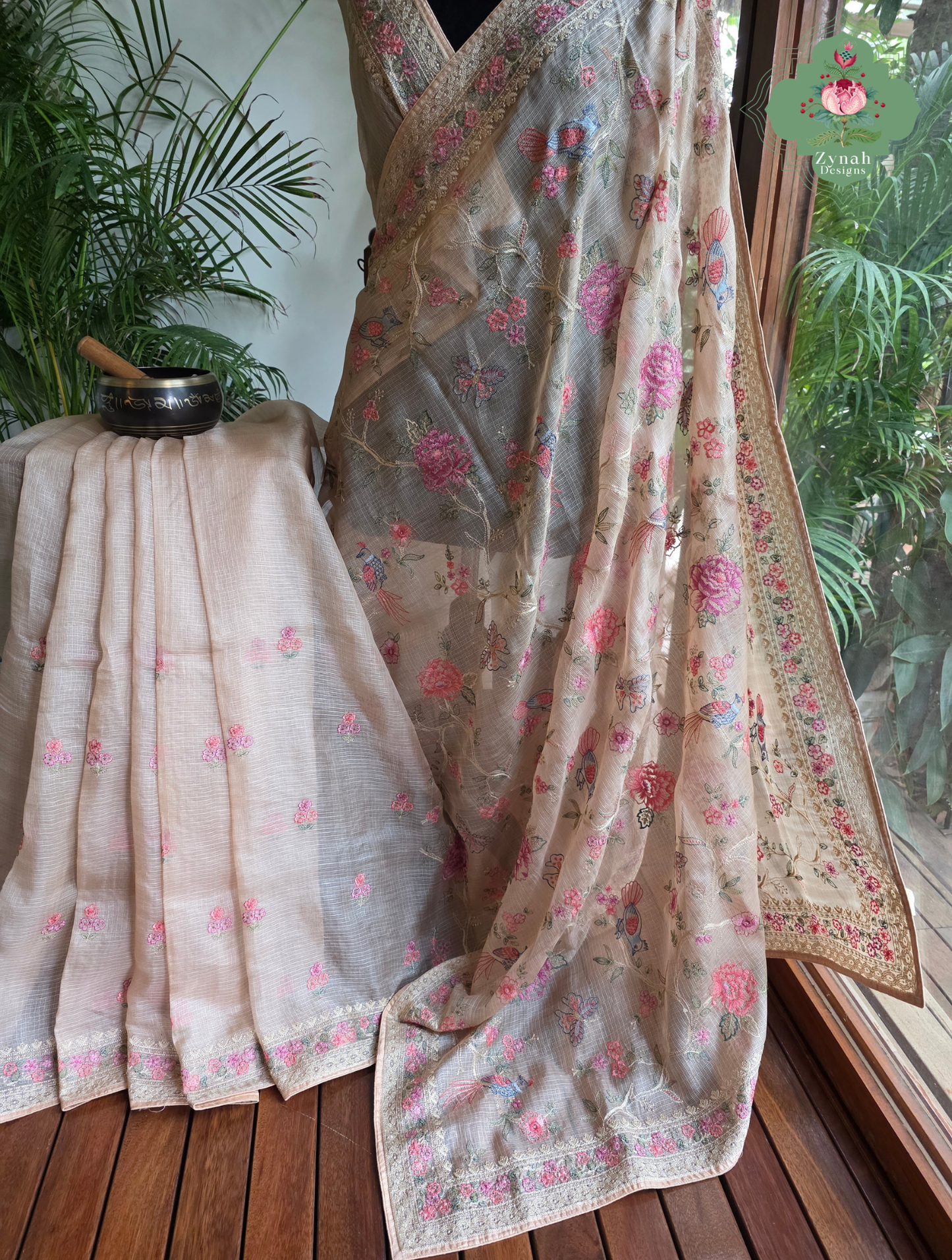 Summer Barefoot Nude Peach Kota Tussar Silk Saree With Embroidery