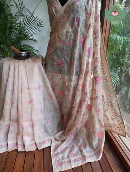 Summer Barefoot Nude Peach Kota Tussar Silk Saree With Embroidery