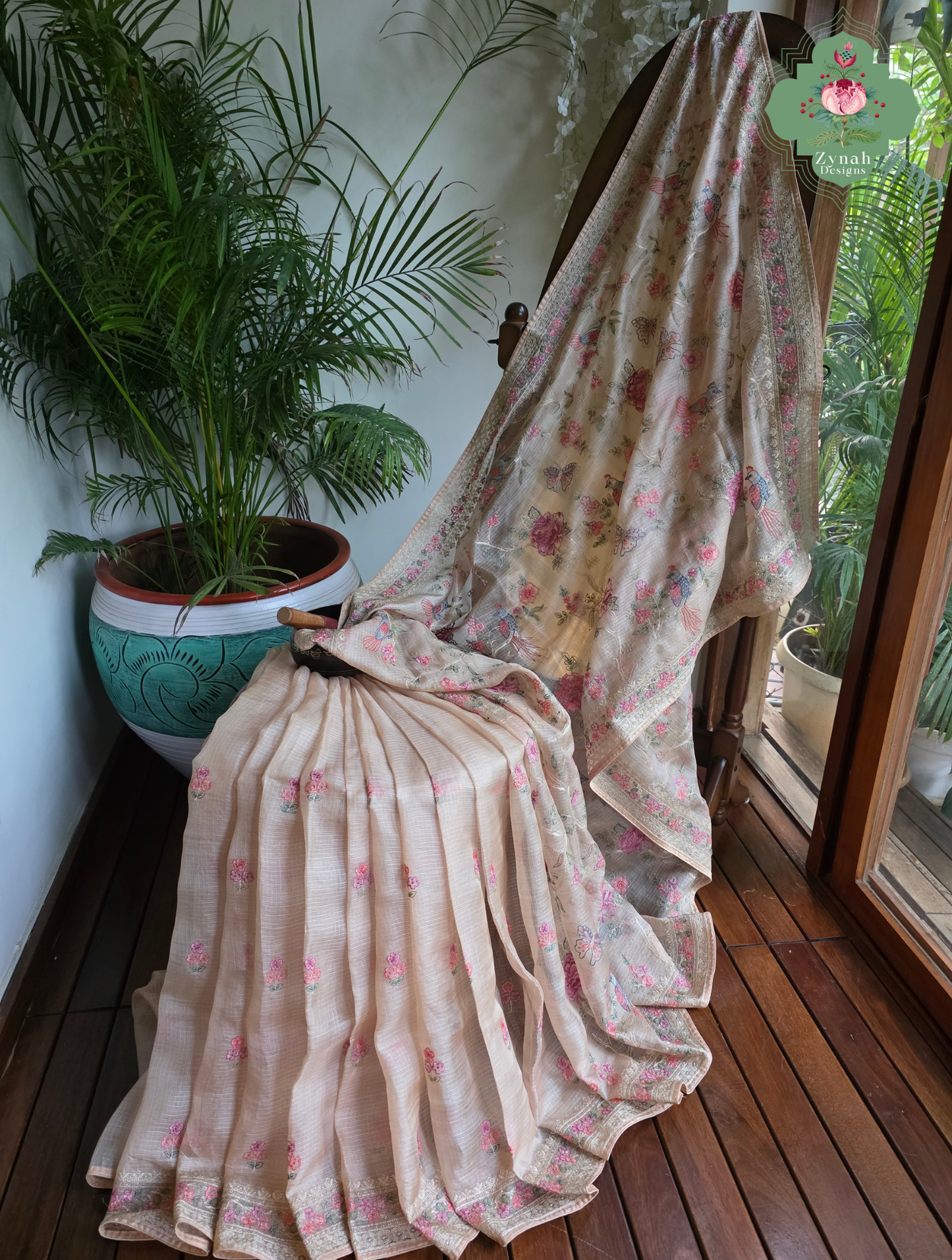 Summer Barefoot Nude Peach Kota Tussar Silk Saree With Embroidery