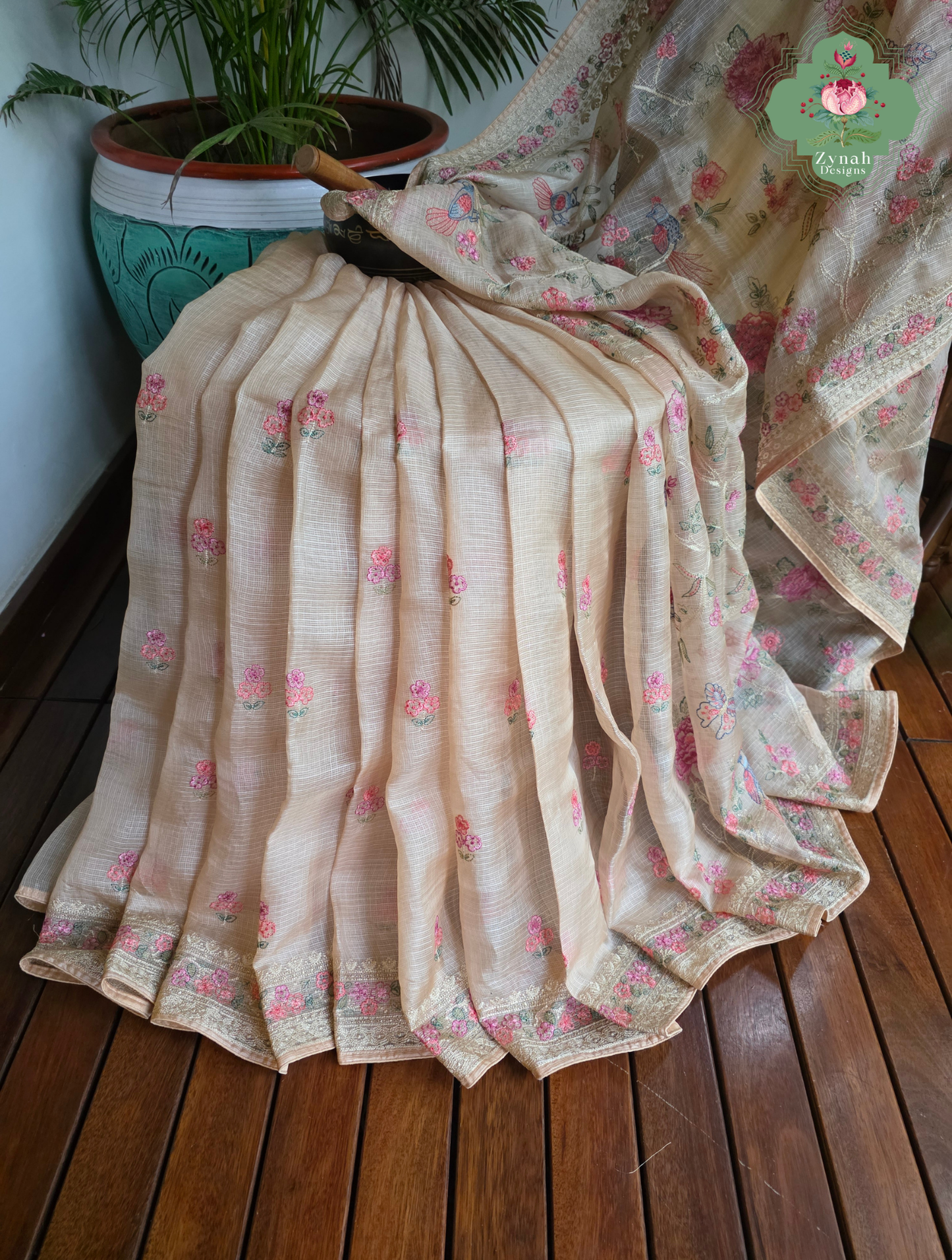 Summer Barefoot Nude Peach Kota Tussar Silk Saree With Embroidery