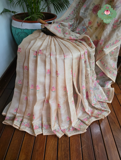 Summer Barefoot Nude Peach Kota Tussar Silk Saree With Embroidery