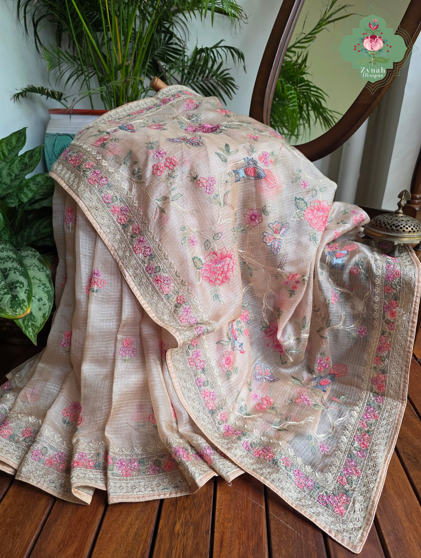 Summer Barefoot Nude Peach Kota Tussar Silk Saree With Embroidery