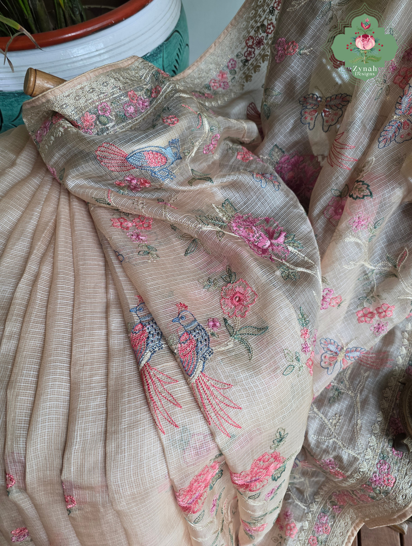 Summer Barefoot Nude Peach Kota Tussar Silk Saree With Embroidery