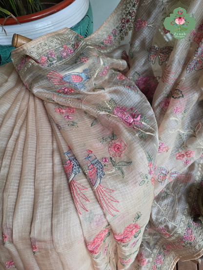 Summer Barefoot Nude Peach Kota Tussar Silk Saree With Embroidery