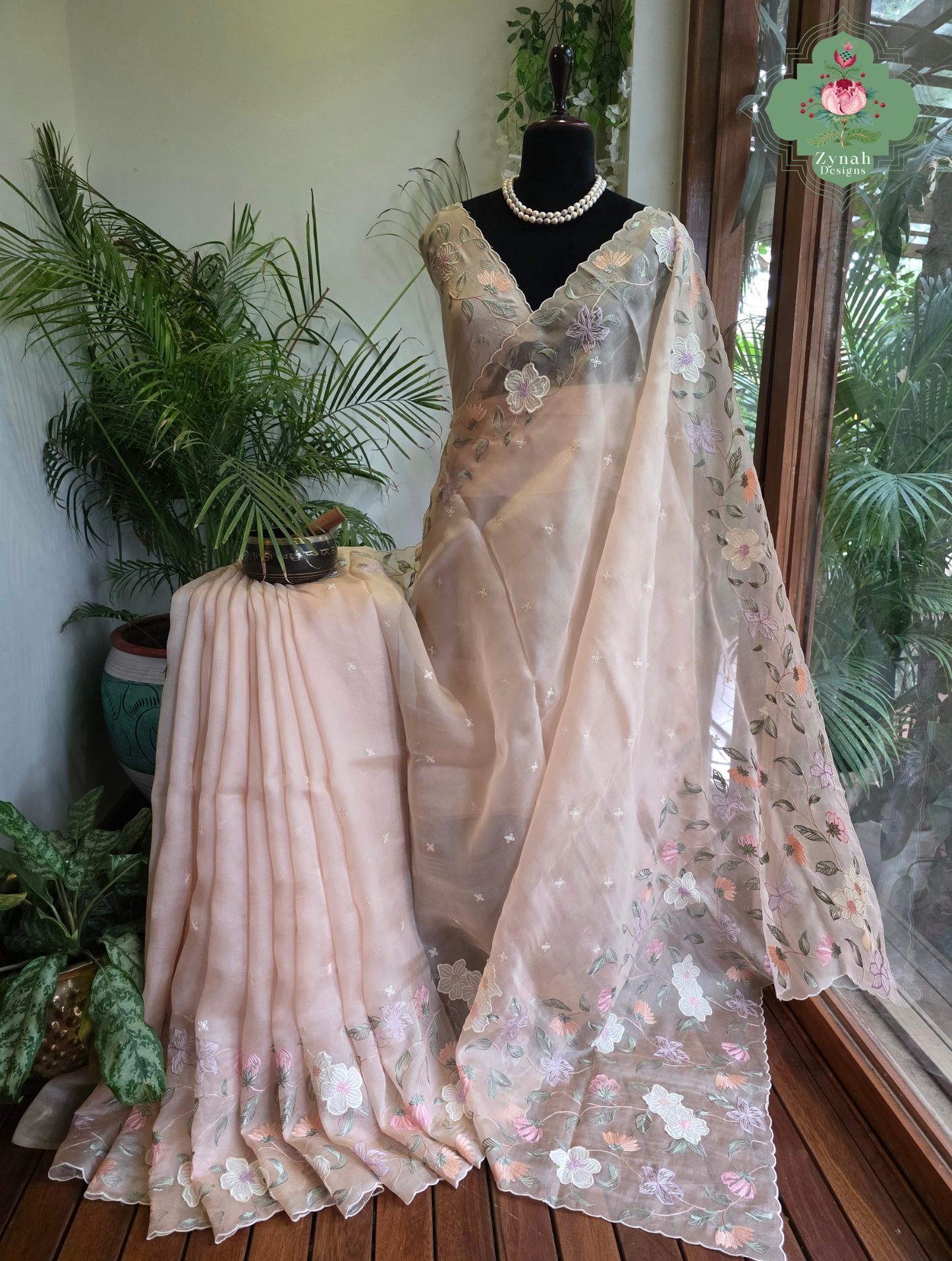 Suroor Nude Pink Organza Silk Saree With Floral Applique & Embroidery