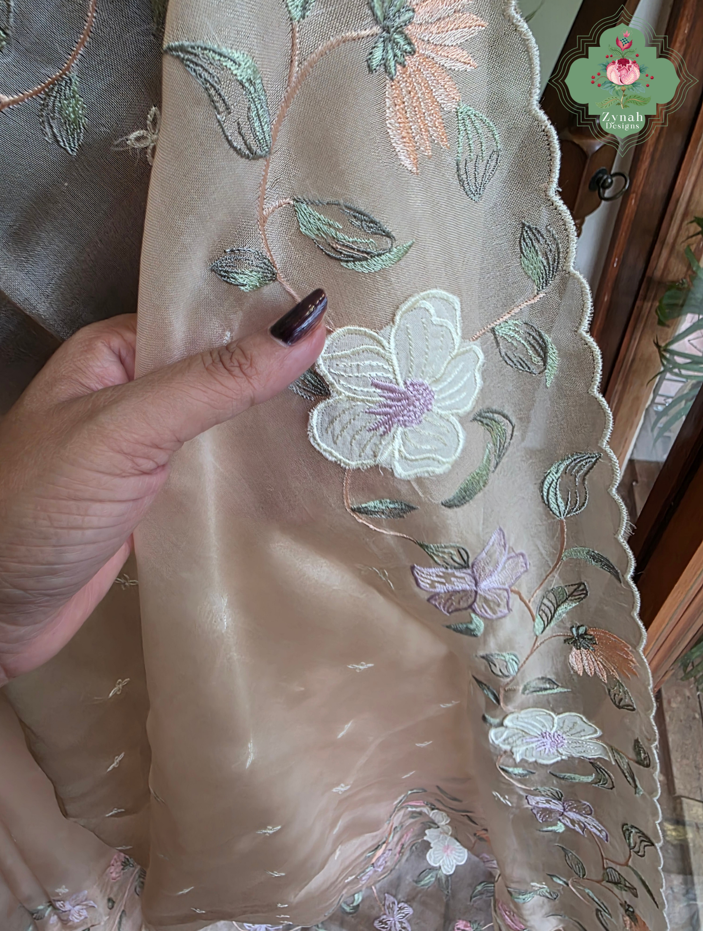 Suroor Nude Pink Organza Silk Saree With Floral Applique & Embroidery