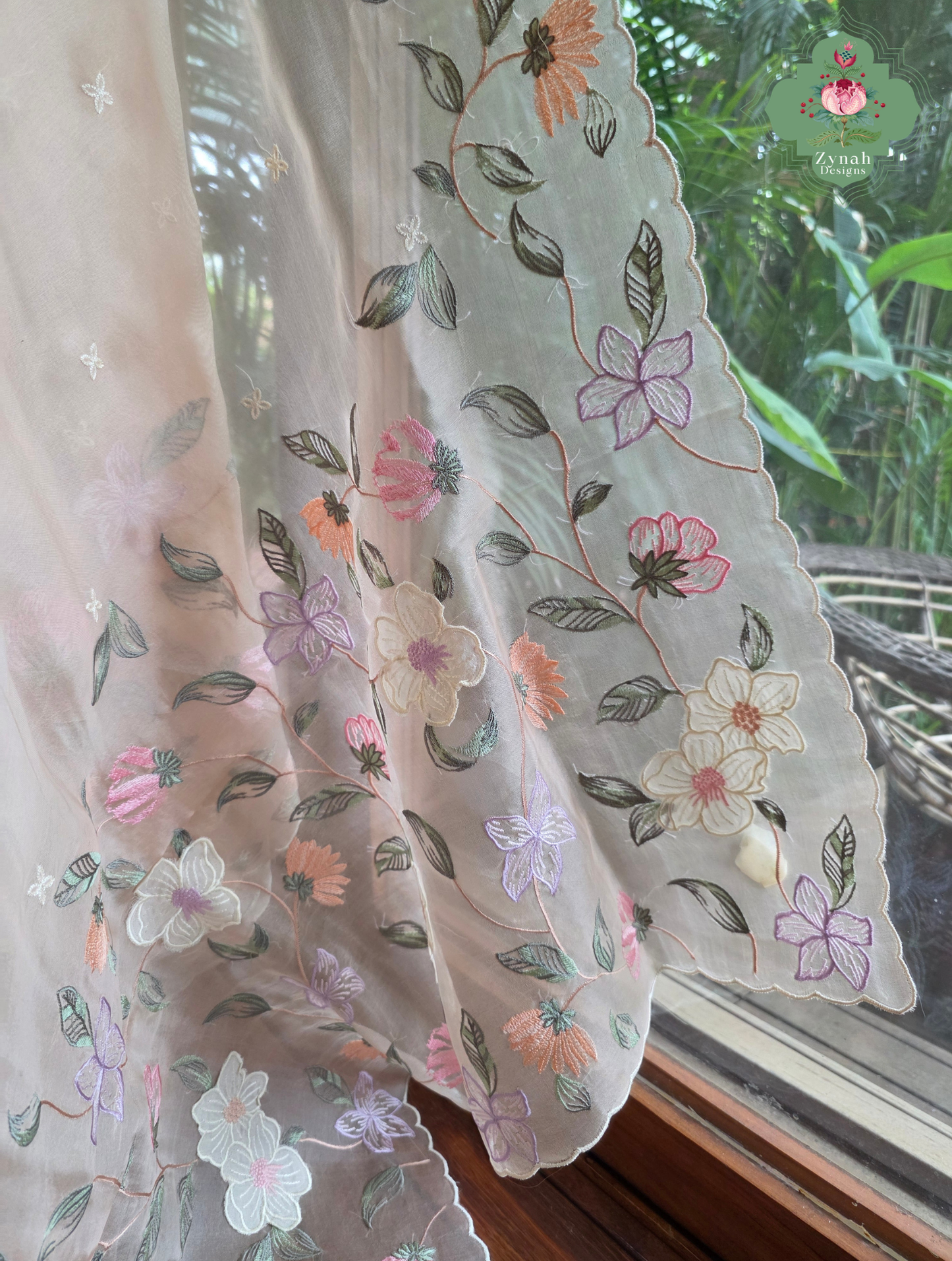 Suroor Nude Pink Organza Silk Saree With Floral Applique & Embroidery