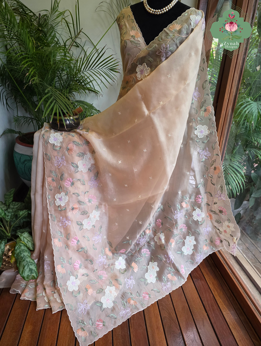 Suroor Nude Pink Organza Silk Saree With Floral Applique & Embroidery