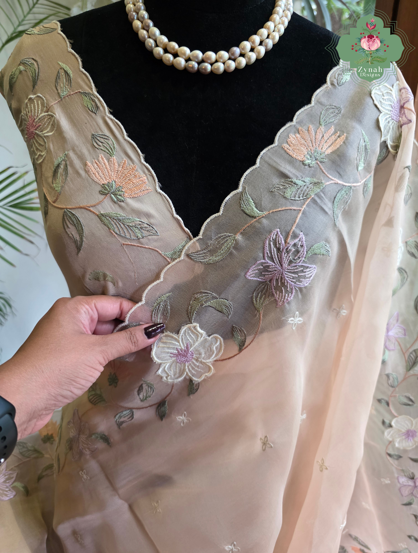 Suroor Nude Pink Organza Silk Saree With Floral Applique & Embroidery