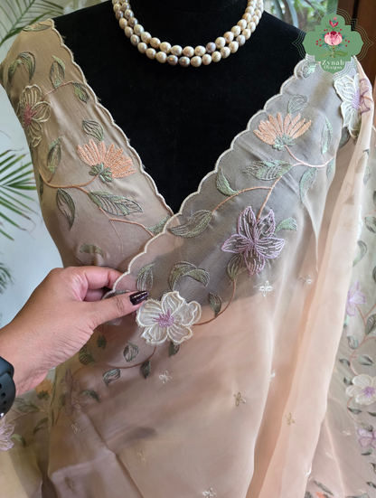 Suroor Nude Pink Organza Silk Saree With Floral Applique & Embroidery