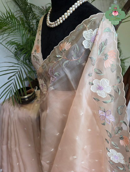Suroor Nude Pink Organza Silk Saree With Floral Applique & Embroidery