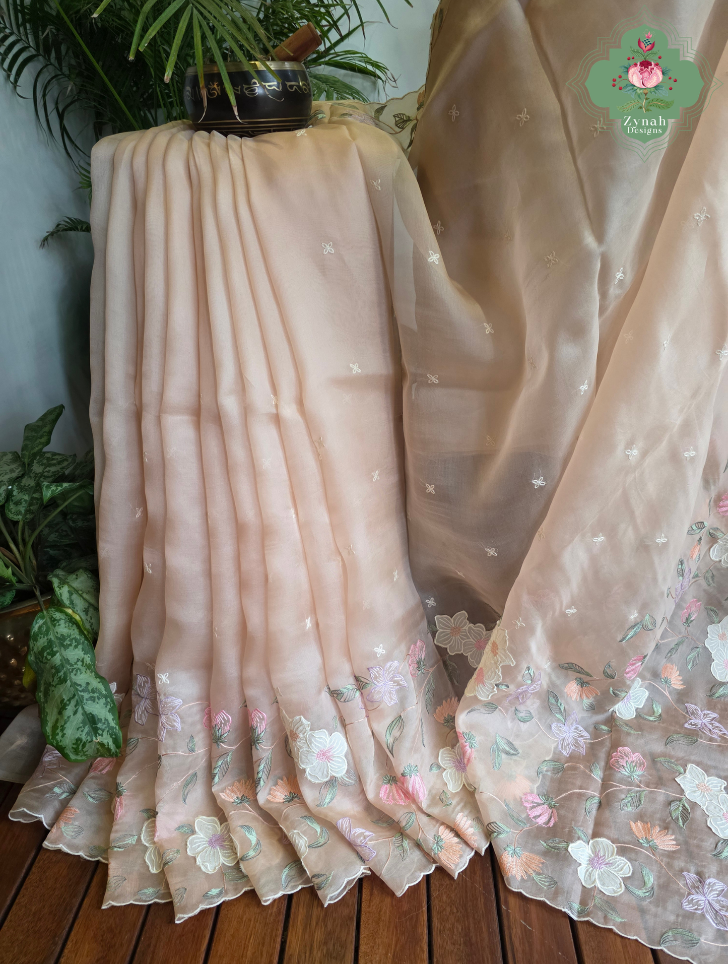 Suroor Nude Pink Organza Silk Saree With Floral Applique & Embroidery