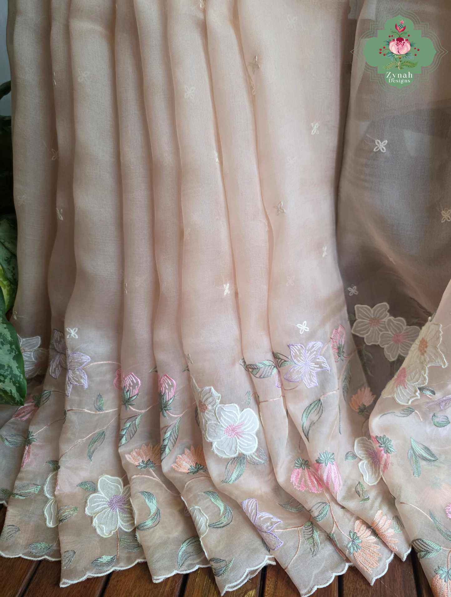 Suroor Nude Pink Organza Silk Saree With Floral Applique & Embroidery
