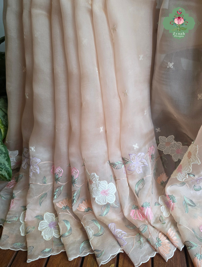 Suroor Nude Pink Organza Silk Saree With Floral Applique & Embroidery