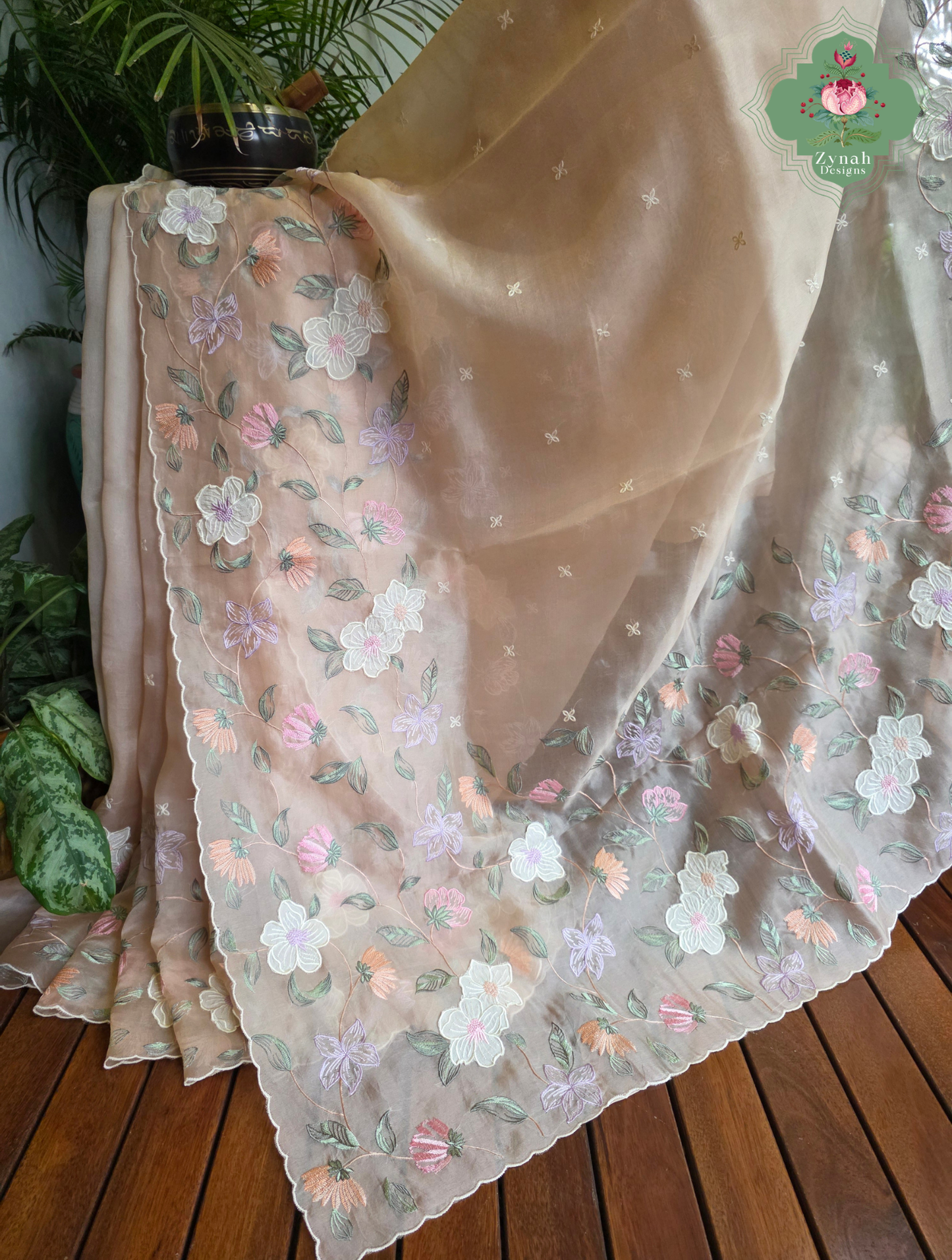 Suroor Nude Pink Organza Silk Saree With Floral Applique & Embroidery
