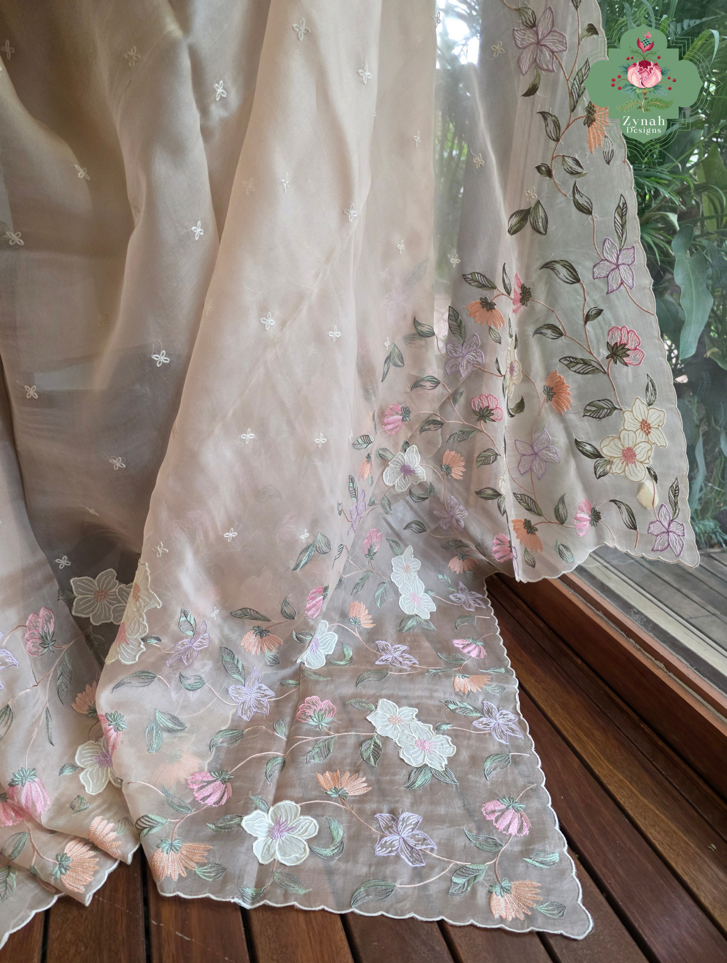 Suroor Nude Pink Organza Silk Saree With Floral Applique & Embroidery