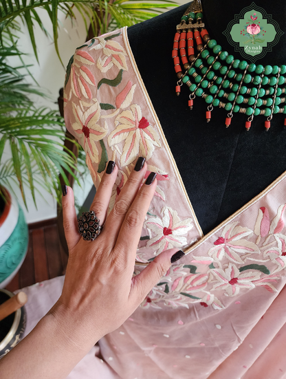 Zynah Rose Poudré – Nude Pink Pure Tussar Silk Hand Embroidered Parsi Gara Saree
