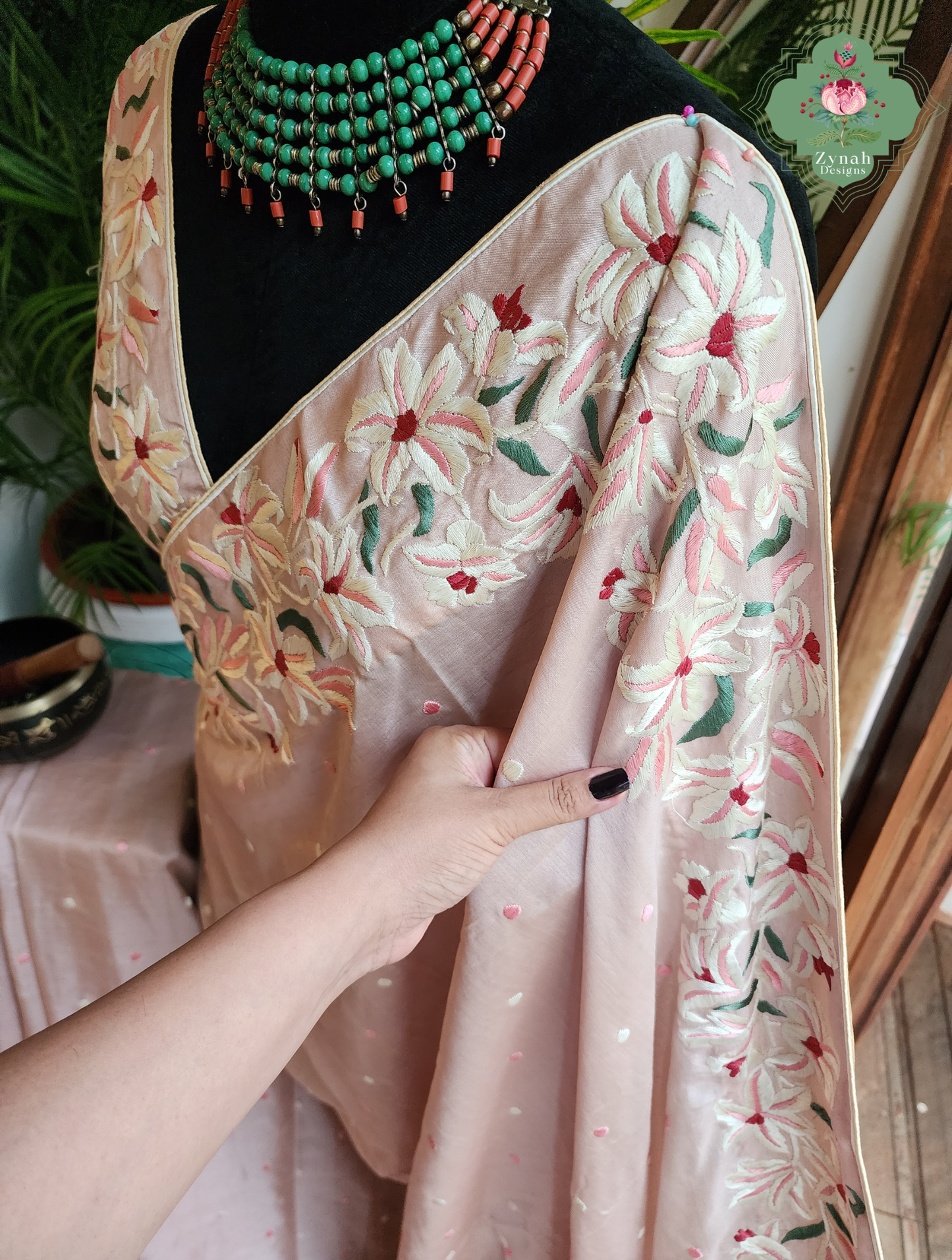 Zynah Rose Poudré – Nude Pink Pure Tussar Silk Hand Embroidered Parsi Gara Saree