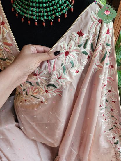 Zynah Rose Poudré – Nude Pink Pure Tussar Silk Hand Embroidered Parsi Gara Saree