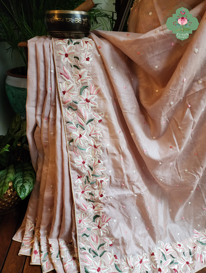 Zynah Rose Poudré – Nude Pink Pure Tussar Silk Hand Embroidered Parsi Gara Saree