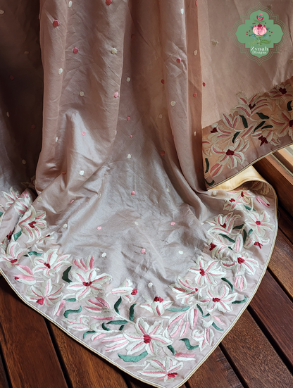 Zynah Rose Poudré – Nude Pink Pure Tussar Silk Hand Embroidered Parsi Gara Saree