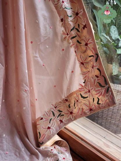 Zynah Rose Poudré – Nude Pink Pure Tussar Silk Hand Embroidered Parsi Gara Saree