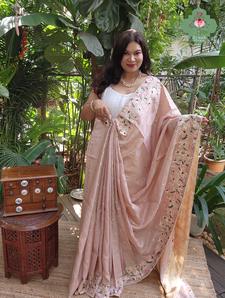 Zynah Nude Pink Pure Tussar Silk Hand Embroidered Parsi Gara Saree; Custom Stitched/Ready-made Blouse, Fall, Petticoat; SKU: 2705202602