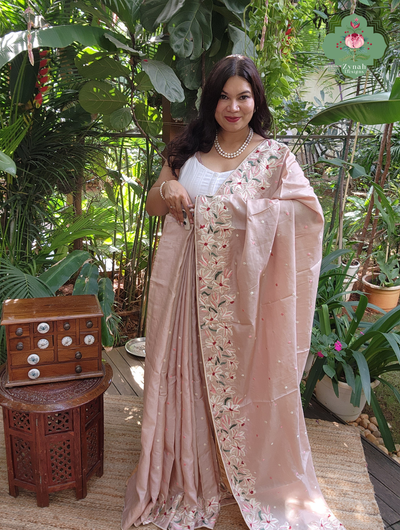 Zynah Nude Pink Pure Tussar Silk Hand Embroidered Parsi Gara Saree; Custom Stitched/Ready-made Blouse, Fall, Petticoat; SKU: 2705202602