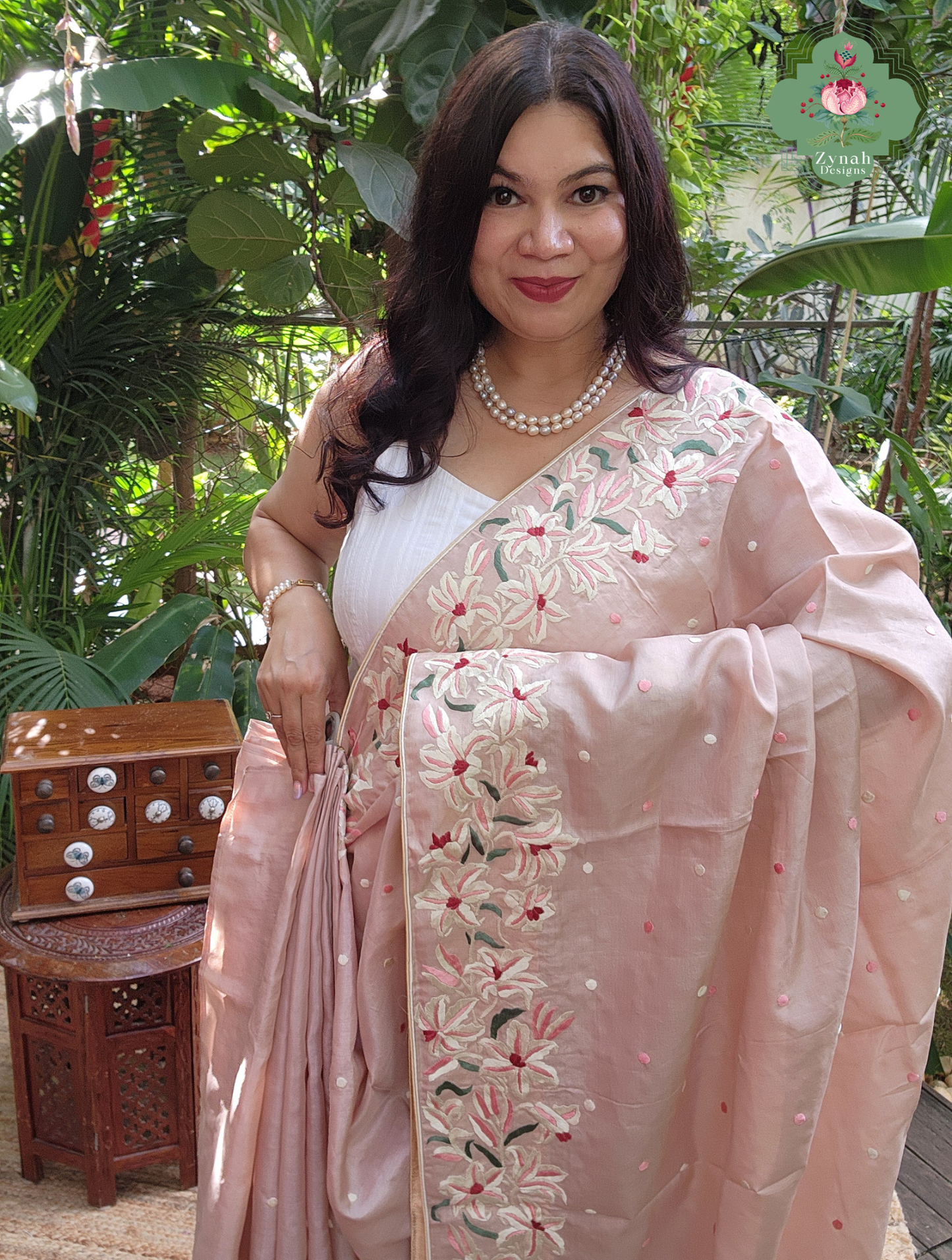 Zynah Rose Poudré – Nude Pink Pure Tussar Silk Hand Embroidered Parsi Gara Saree