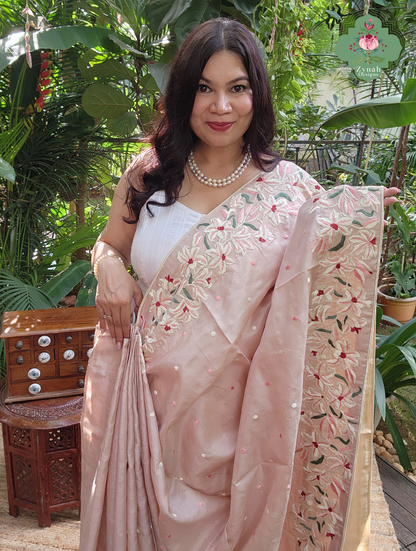 Zynah Rose Poudré – Nude Pink Pure Tussar Silk Hand Embroidered Parsi Gara Saree