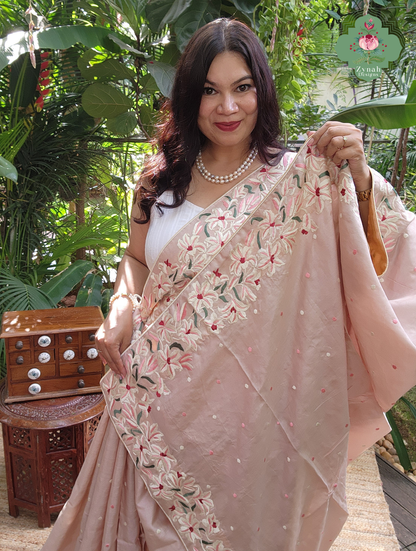 Zynah Rose Poudré – Nude Pink Pure Tussar Silk Hand Embroidered Parsi Gara Saree