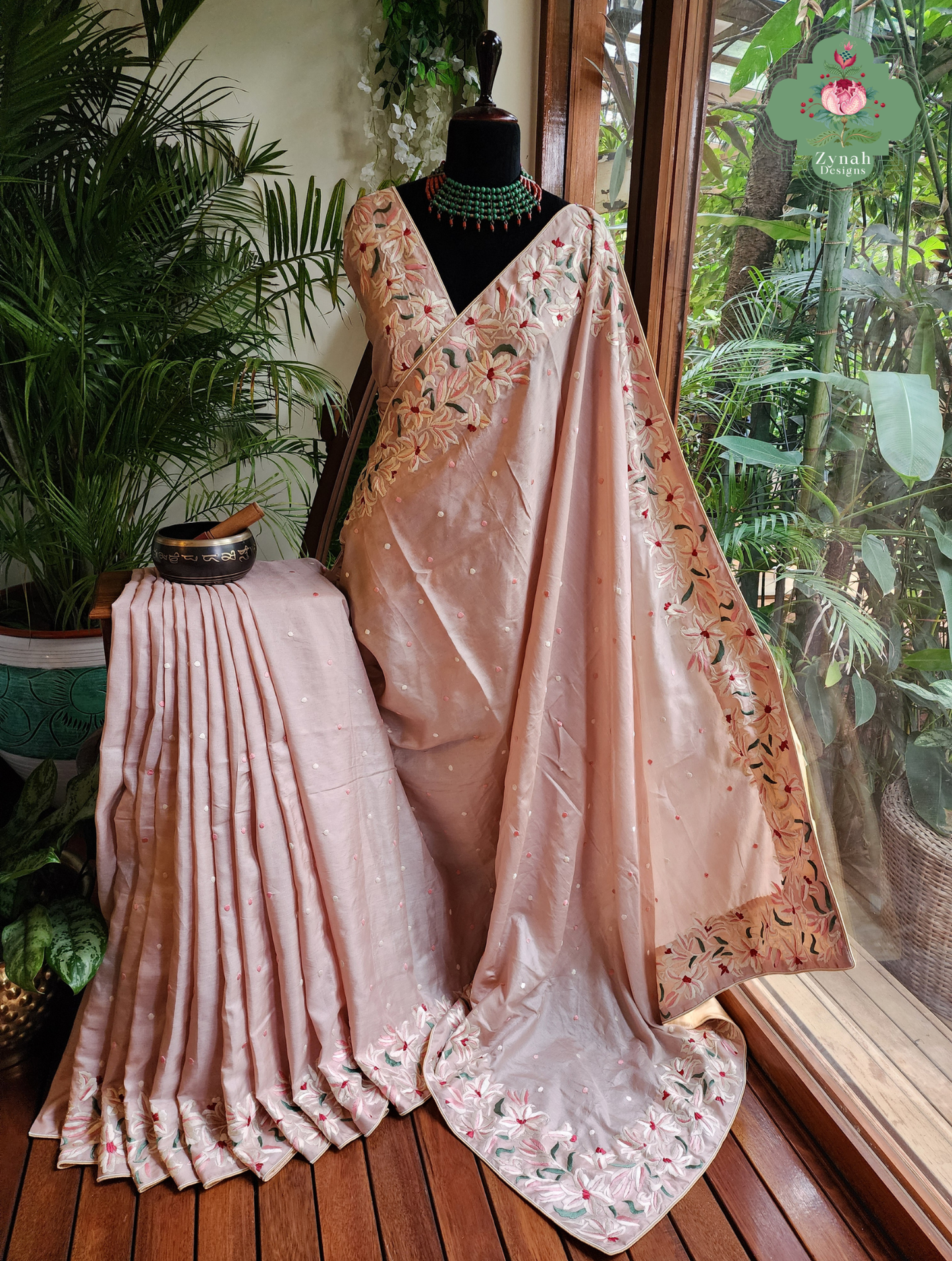 Zynah Rose Poudré – Nude Pink Pure Tussar Silk Hand Embroidered Parsi Gara Saree