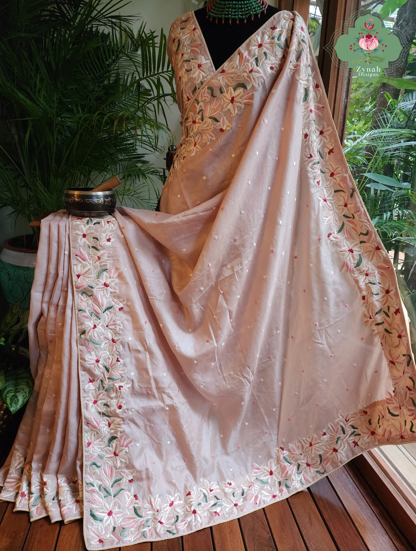 Zynah Rose Poudré – Nude Pink Pure Tussar Silk Hand Embroidered Parsi Gara Saree