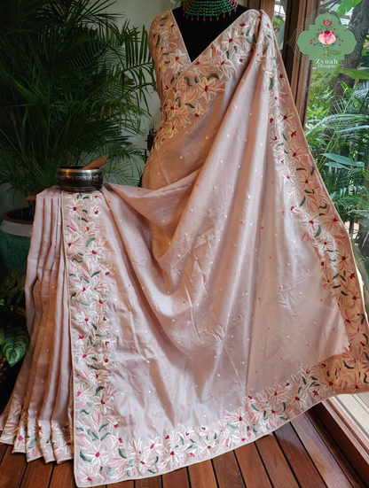 Zynah Rose Poudré – Nude Pink Pure Tussar Silk Hand Embroidered Parsi Gara Saree