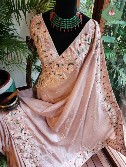 Zynah Rose Poudré – Nude Pink Pure Tussar Silk Hand Embroidered Parsi Gara Saree