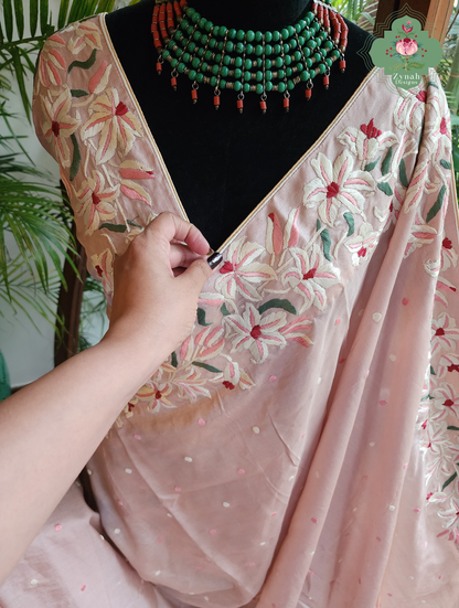 Zynah Rose Poudré – Nude Pink Pure Tussar Silk Hand Embroidered Parsi Gara Saree