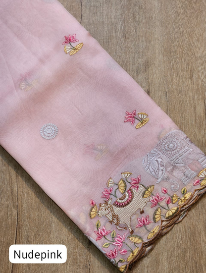 Zynah Pure Organza Silk Sarees With Elephant Pichwai Embroidery & Scallop Border; Custom Stitched/Ready-made Blouse, Fall, Petticoat; SKU: 0401202410