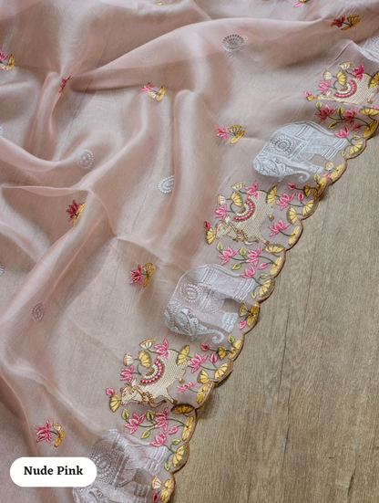 Zynah Pure Organza Silk Sarees With Elephant Pichwai Embroidery & Scallop Border; Custom Stitched/Ready-made Blouse, Fall, Petticoat; SKU: 0401202410