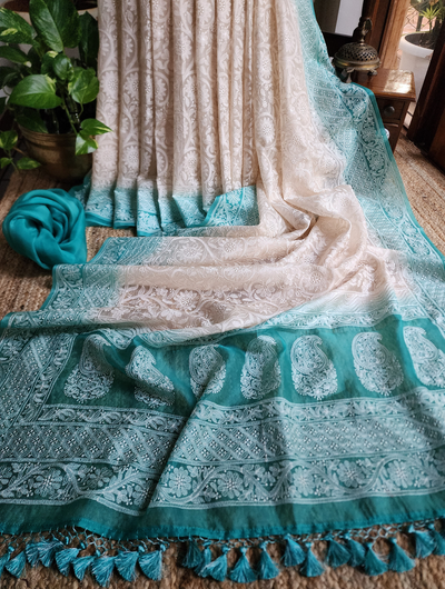 Zynah Nude & Teal Organza Saree With Chikankari Style Embroidery; Custom Stitched/Ready-made Blouse, Fall, Petticoat; SKU: 2901202503