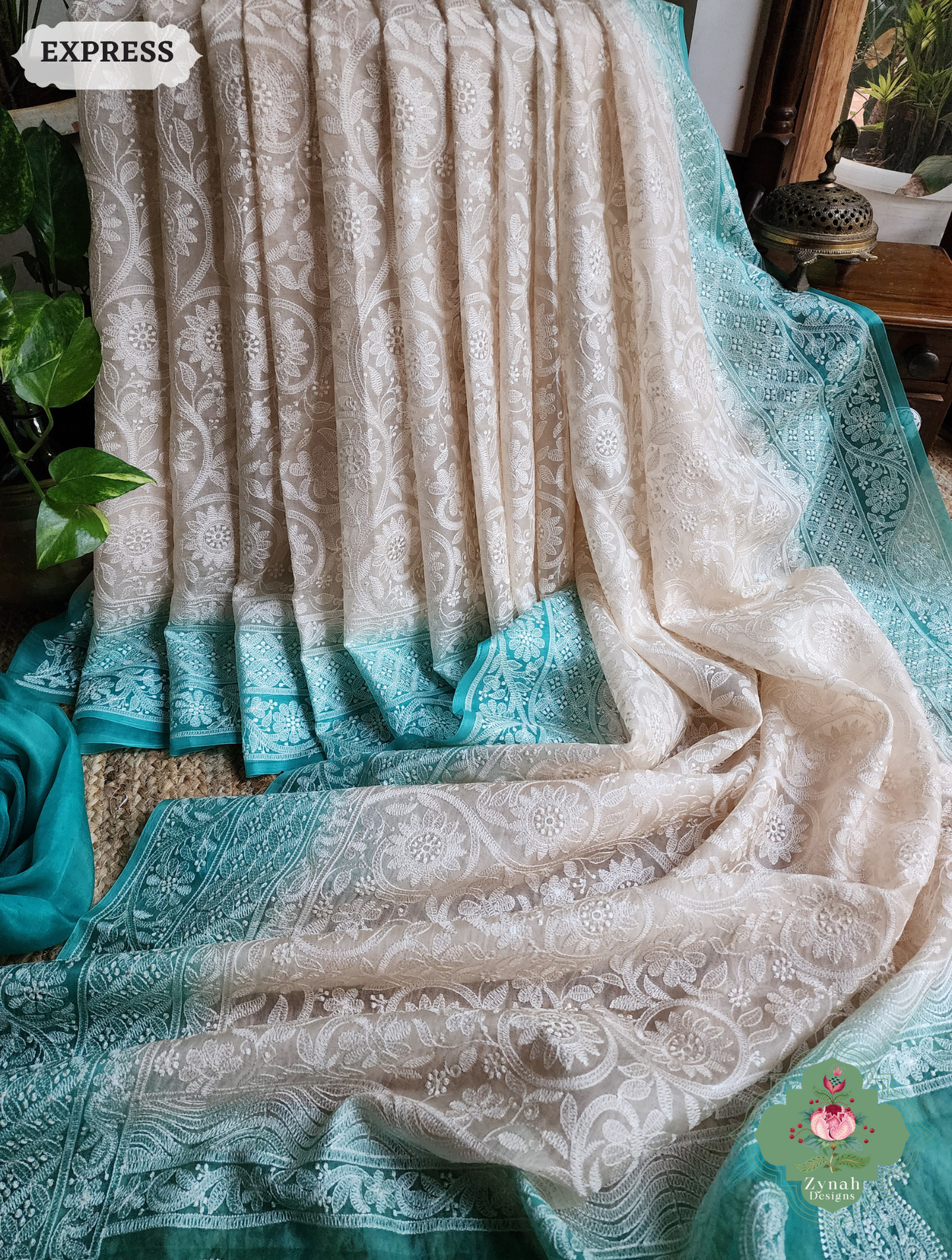 Zynah Nude & Teal Organza Saree With Chikankari Style Embroidery; Custom Stitched/Ready-made Blouse, Fall, Petticoat; SKU: 2901202503