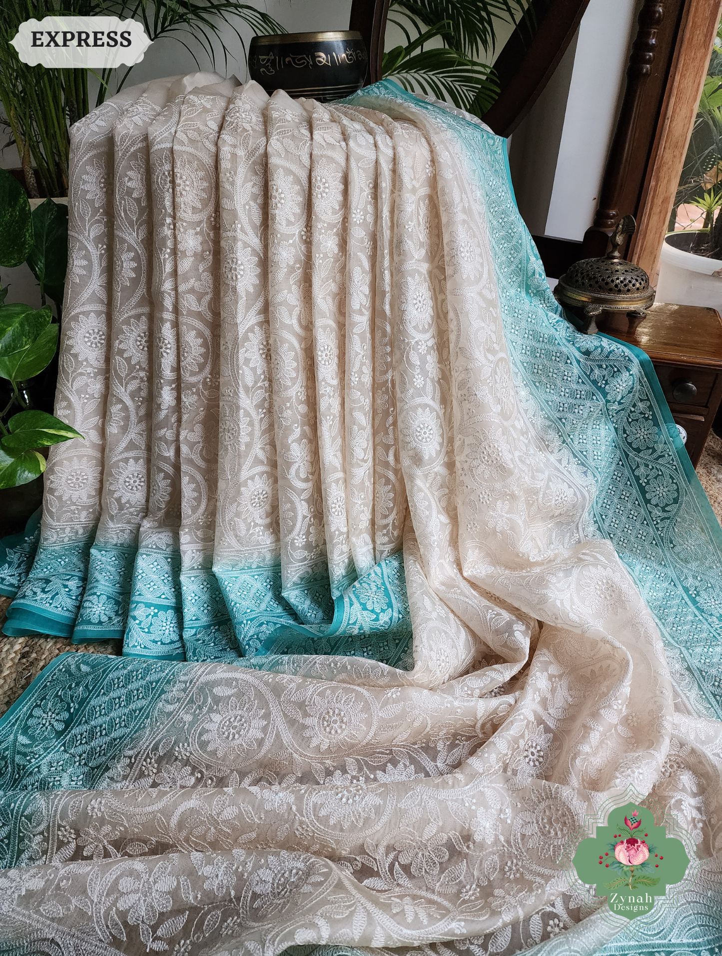 Zynah Nude & Teal Organza Saree With Chikankari Style Embroidery; Custom Stitched/Ready-made Blouse, Fall, Petticoat; SKU: 2901202503