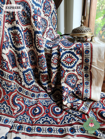 Off White Ajrakh Modal Silk Saree With Lagdi Patta On Pallu, Crafted Using The Traditional Method Of Hand Block Printing Using 100% Natural Dyes