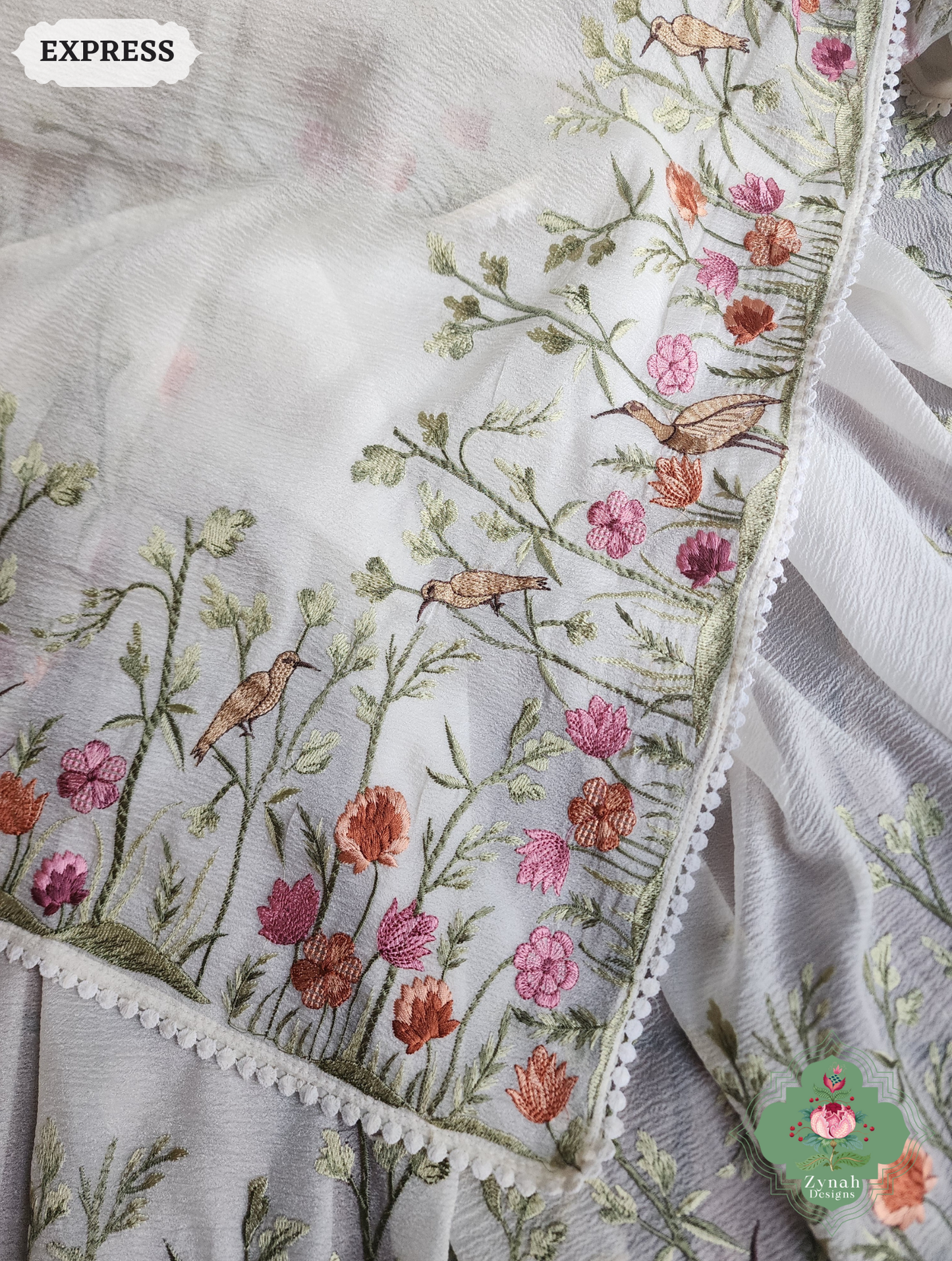 Zynah Off White Crushed Organza Tissue Saree With Exquisite Bird Embroidery; Custom Stitched/Ready-made Blouse, Fall, Petticoat; SKU: 0311202503
