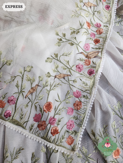 Zynah Off White Crushed Organza Tissue Saree With Exquisite Bird Embroidery; Custom Stitched/Ready-made Blouse, Fall, Petticoat; SKU: 0311202503