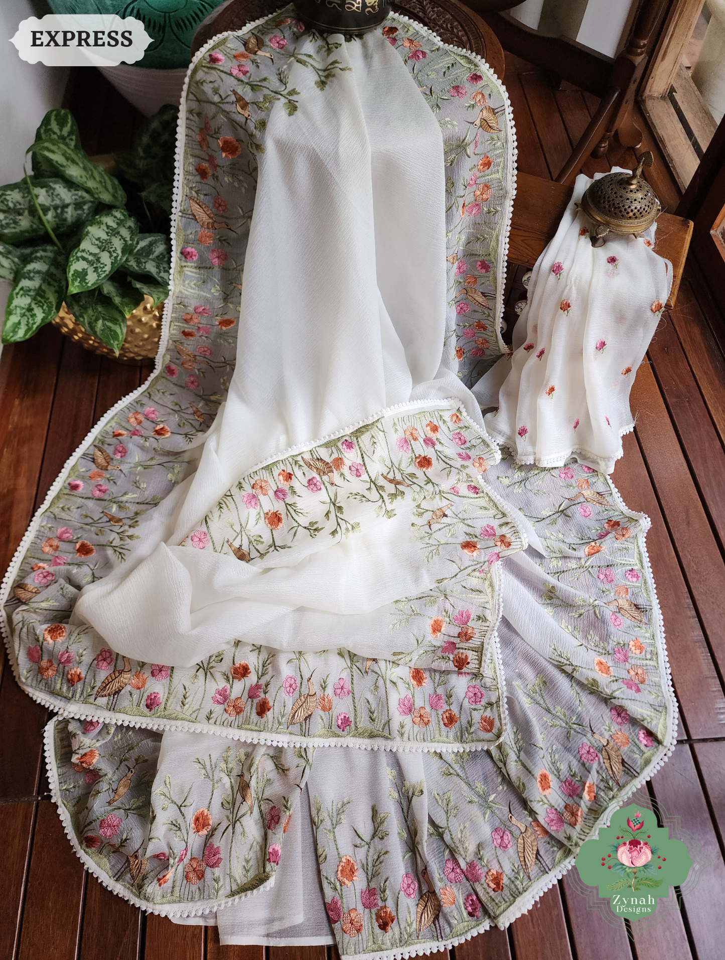 Zynah Off White Crushed Organza Tissue Saree With Exquisite Bird Embroidery; Custom Stitched/Ready-made Blouse, Fall, Petticoat; SKU: 0311202503