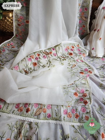 Zynah Off White Crushed Organza Tissue Saree With Exquisite Bird Embroidery; Custom Stitched/Ready-made Blouse, Fall, Petticoat; SKU: 0311202503