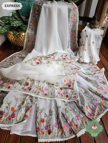 Zynah Off White Crushed Organza Tissue Saree With Exquisite Bird Embroidery; Custom Stitched/Ready-made Blouse, Fall, Petticoat; SKU: 0311202503