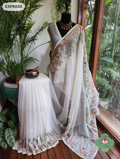 Zynah Off White Crushed Organza Tissue Saree With Exquisite Bird Embroidery; Custom Stitched/Ready-made Blouse, Fall, Petticoat; SKU: 0311202503